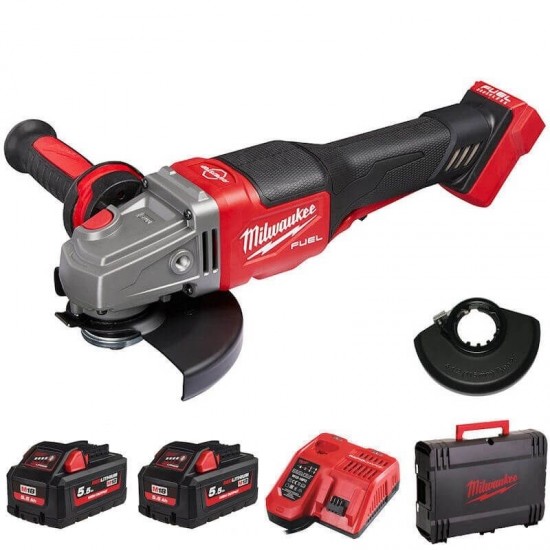 Polizor unghiular 125 mm cu comutator tip clapeta M18 FHSAG125XPDB - 552X, piulita Fixtec,frina, aparatoare fara cheie,kit acumulatori